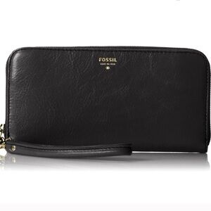 Fossil black leather zip around wallet